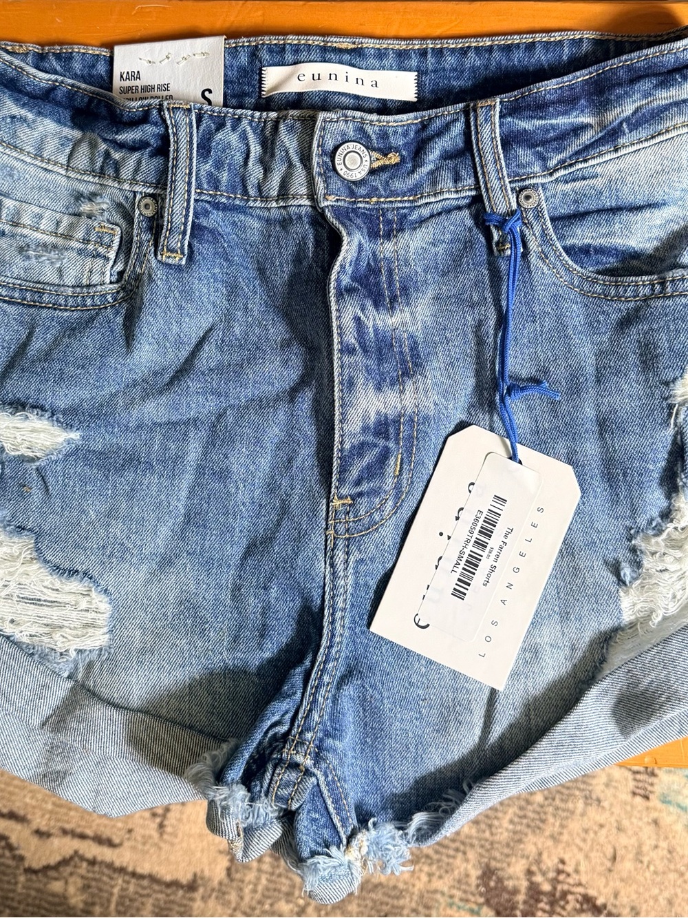 eunina Light Blue Distressed High-Rise Denim Shorts